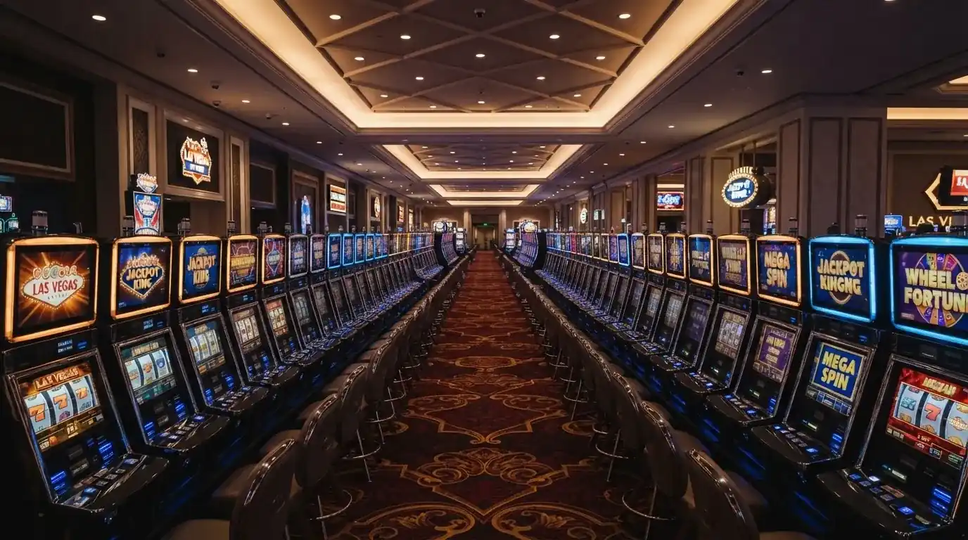 Reihe leuchtender Spielautomaten in einer Kasinohalle, fotografiert aus der Vogelperspektive eines Ganges.