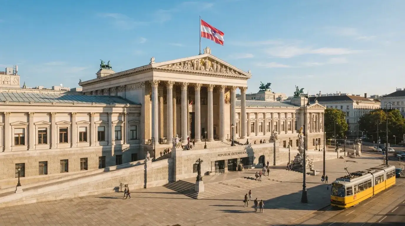 Fassade eines klassizistischen Wiener Amtsgebäudes mit österreichischer Flagge an einem klaren Nachmittag.