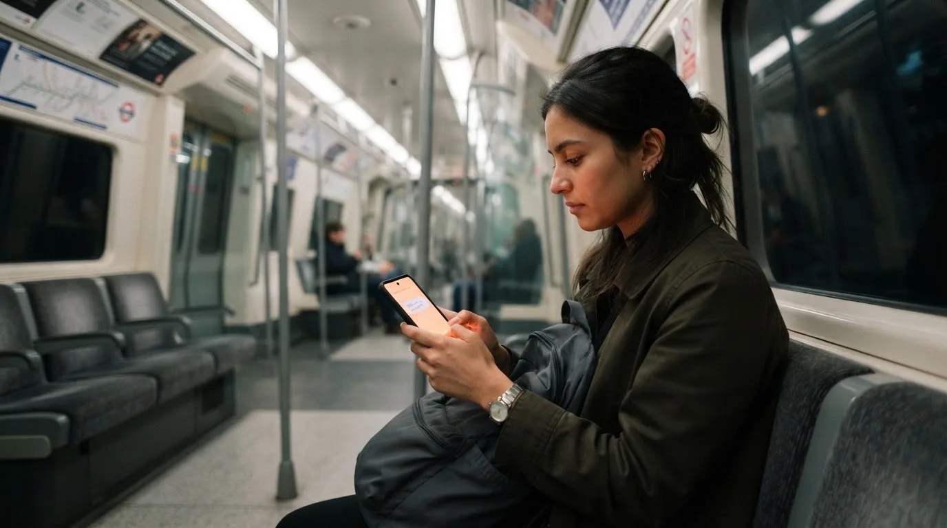 Person hält ein Smartphone in beiden Händen und tippt, sitzend in einer U-Bahn mit unscharfem Hintergrund.